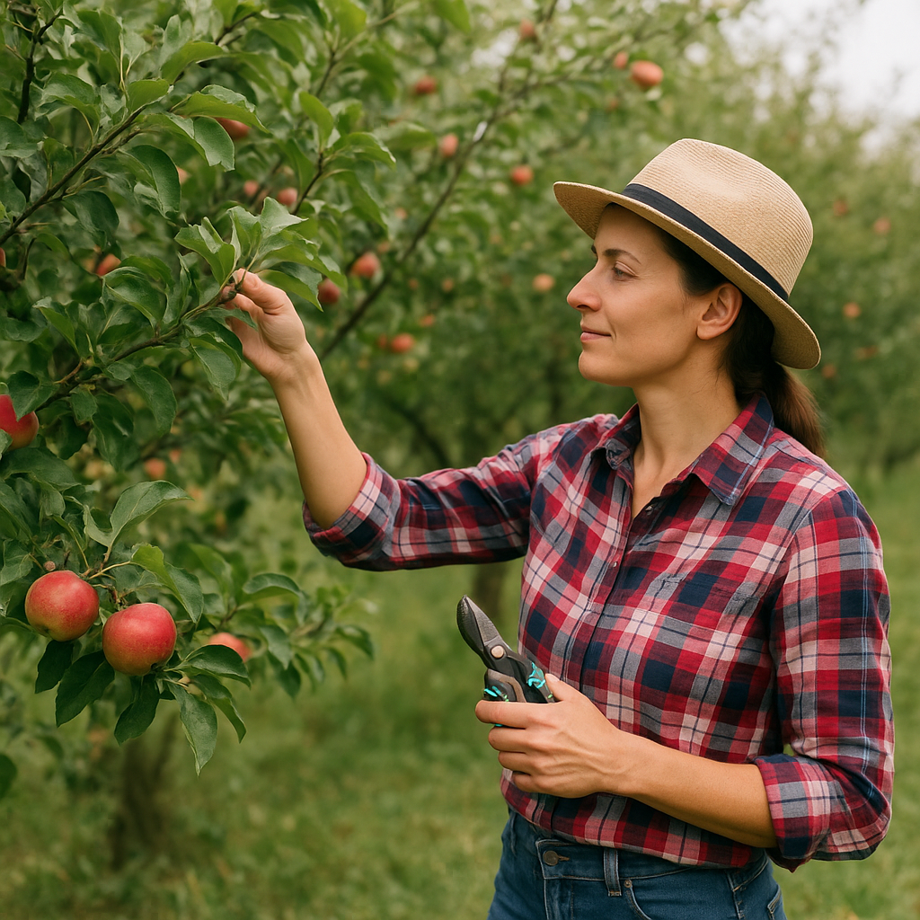 Kobieta w sadzie – jak dbać o drzewa owocowe